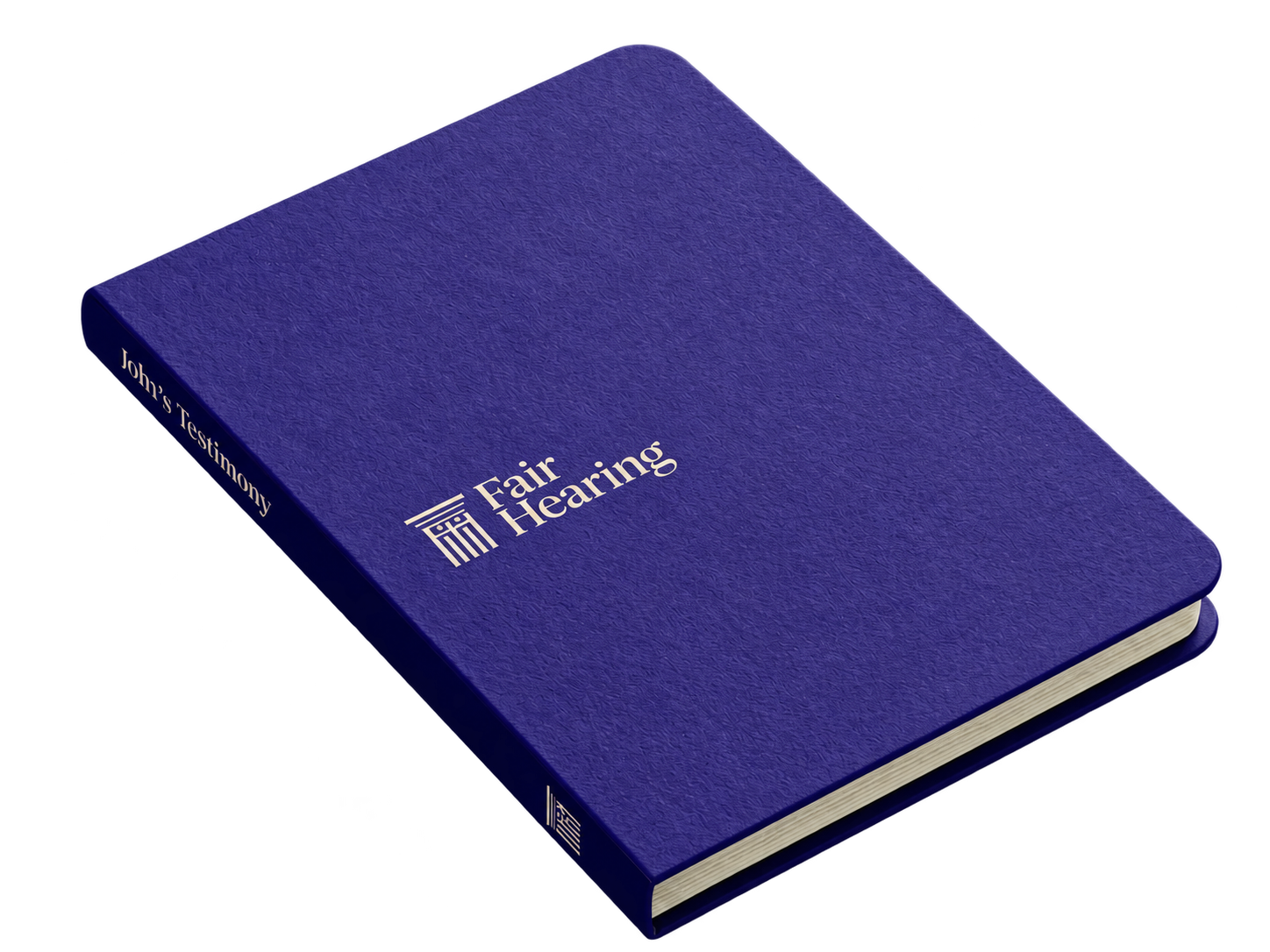 Purple hardcover book titled “Fair Hearing,” with “John’s Testimony” printed on the spine.