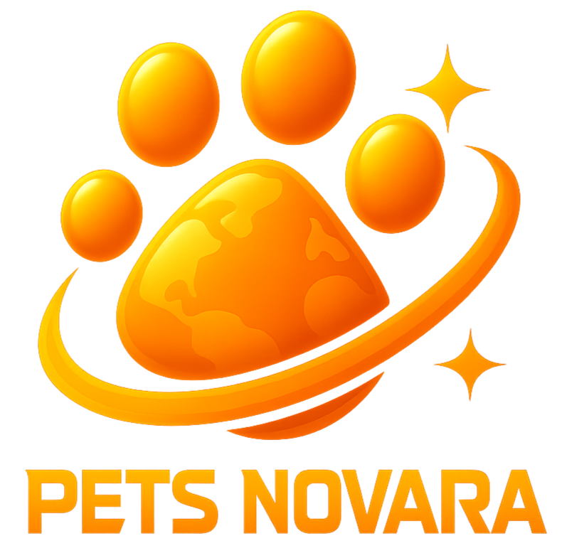 A logo with three orange spheres, a larger globe, and a swoosh with shiny stars, above the text 'PETS NOVARA' in orange and yellow.