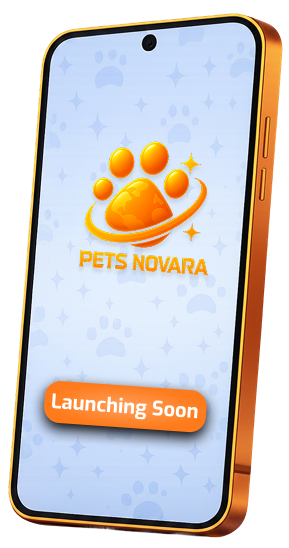 Smartphone screen displaying a Pets Novara app logo with an orange paw print surrounded by stars and a Mars-like ring, and a "Launching Soon" button.