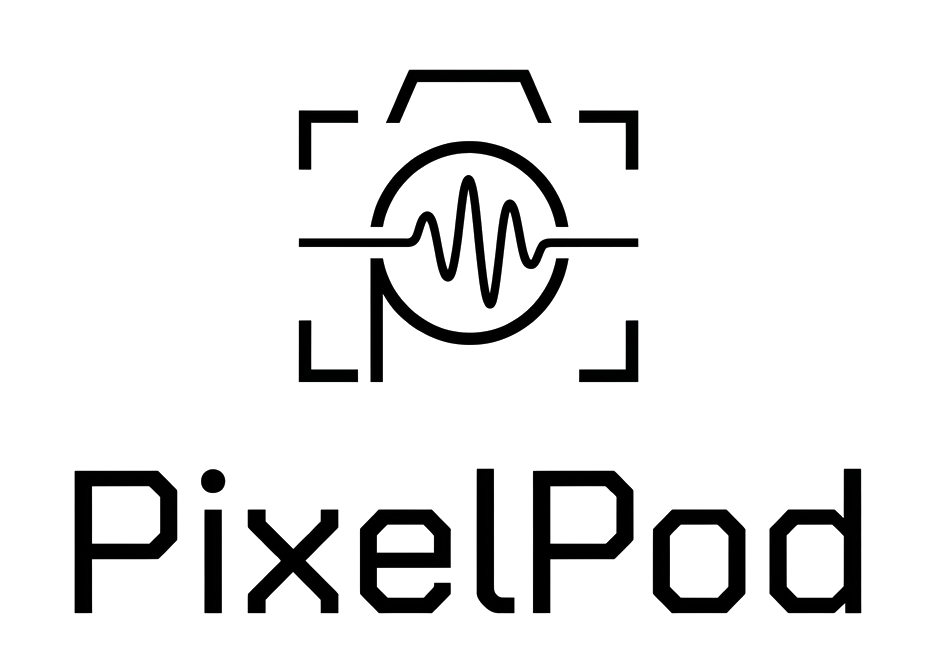 Logo for PixelPod featuring a stylized camera with a waveform in the center and the company name below.