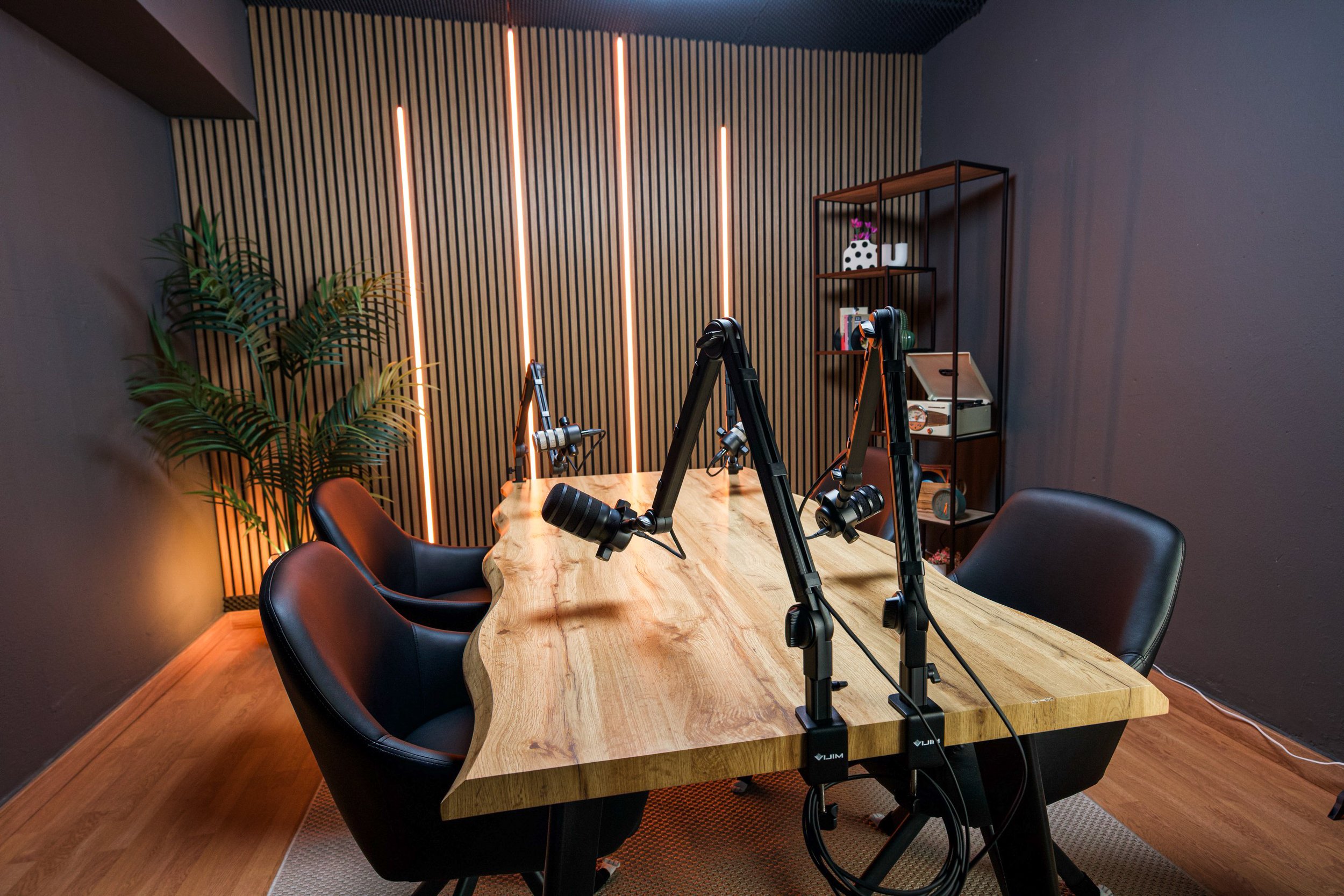 A podcast recording studio with a wooden table, multiple black chairs, and professional microphones. The wall behind features vertical wooden slats with warm strip lighting. There is a tall black metal shelf with decorative items, books, and a record player on a lower shelf. A green potted plant is on the left side of the image.