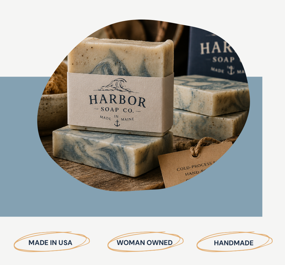 Bars of soap with labels reading 'Harbor Soap Co.', handcrafted, made in Maine, with a maritime theme.