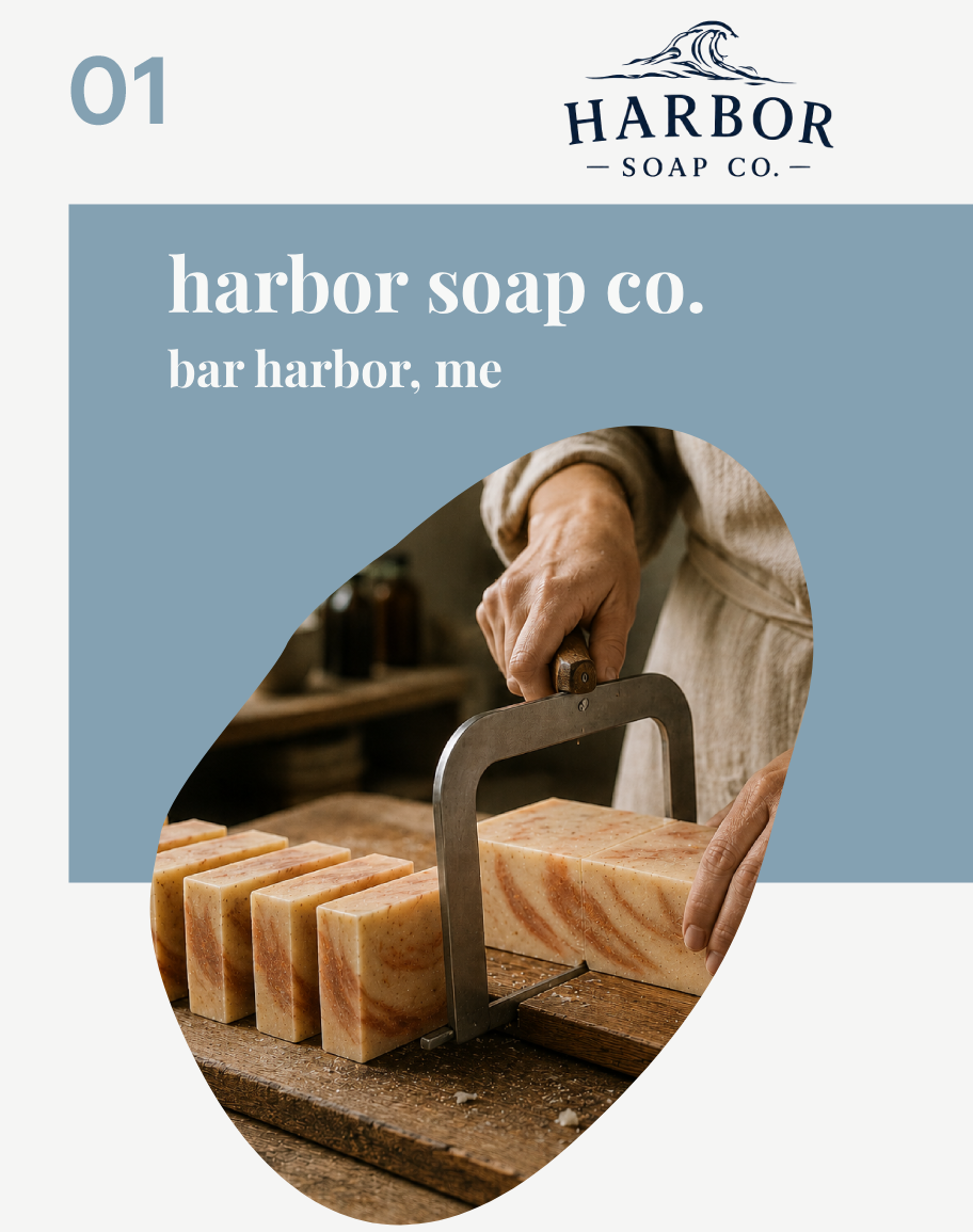 A person cutting soap bars with a handsaw in a soap-making workshop.