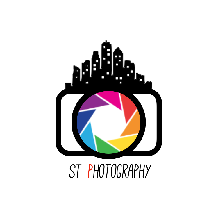 A logo for ST Photography featuring a silhouette of a city skyline, a camera with a colorful shutter, and the company name below.