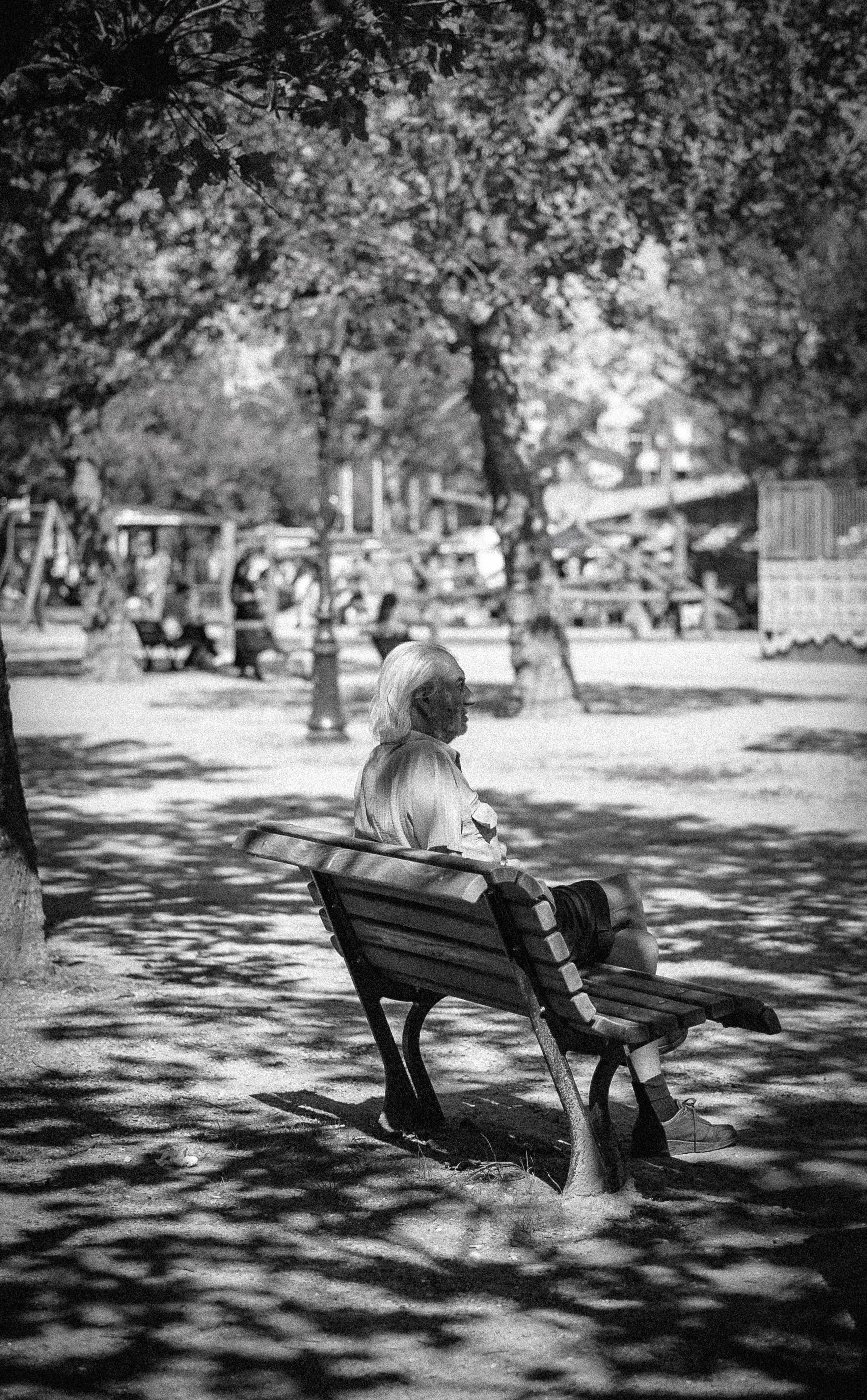 An elderly woman with white hair sitting on a park bench under a tree, with shadows cast on the ground, in a park setting.