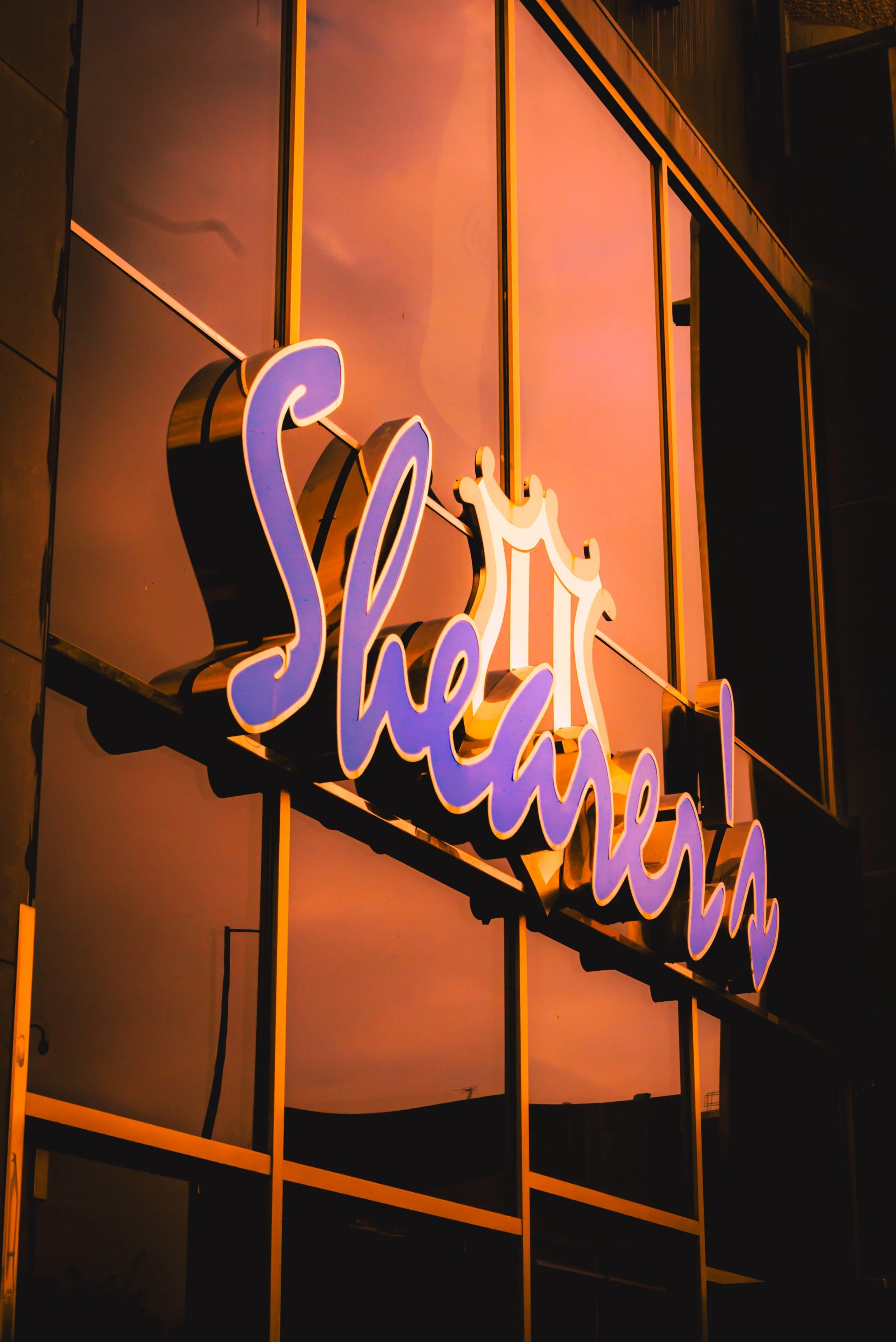 Neon sign spelling 'Shakespeare' mounted on a glass window reflecting the pink and purple sunset sky.