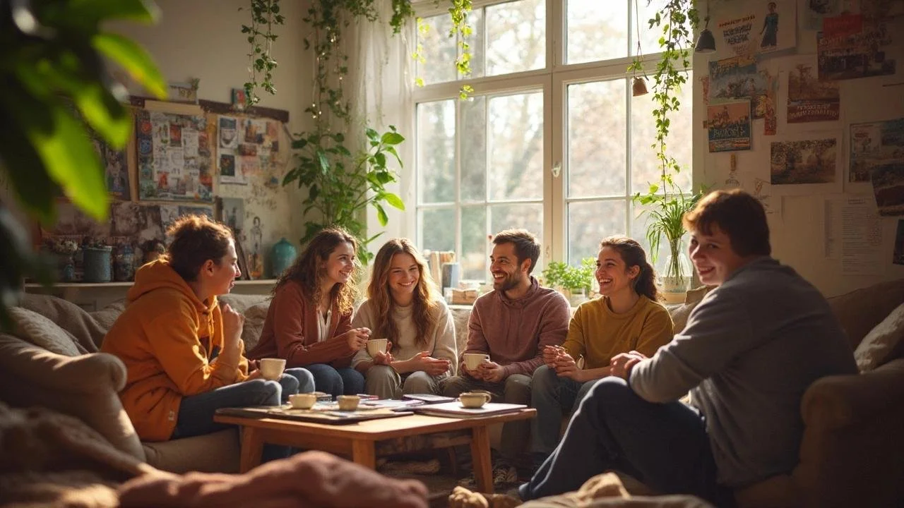 Group of six young adults sitting on sofas and chatting in a cozy, sunlit living room with plants and wall posters.