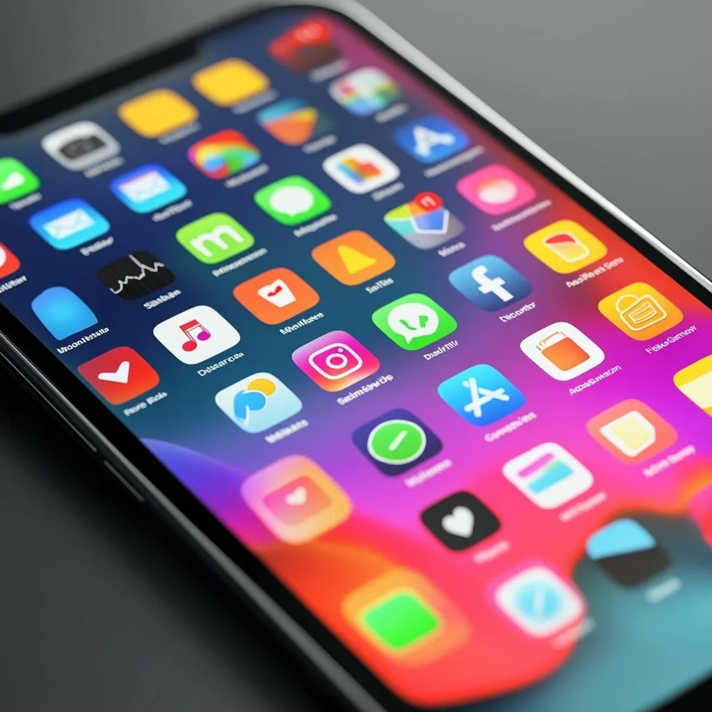 Close-up of a smartphone screen displaying various colorful app icons on a dark background.