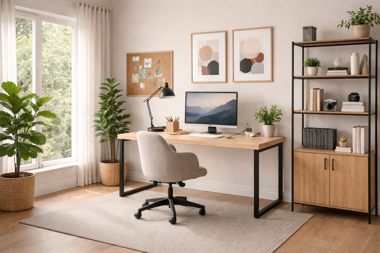 Home office with a wooden desk, beige chair, desktop computer, bookshelf, potted plants, cork pinboard, and artwork on the wall, with a large window and white curtains.
