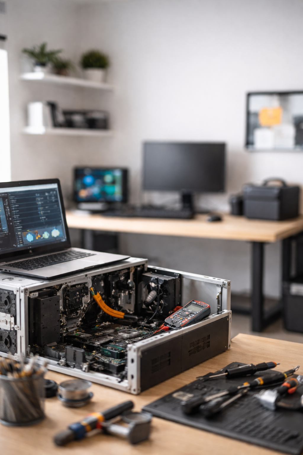 A workspace with a computer open to electronics repair software, a partially disassembled computer, tools, and a multimeter on a wooden table.