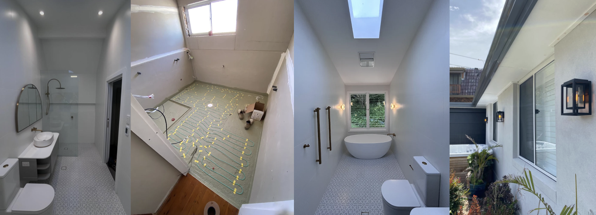 Progression of bathroom renovations showing initial bare room, installation of underfloor heating system, completed bathroom with bathtub, and exterior view of the house with outdoor lighting.