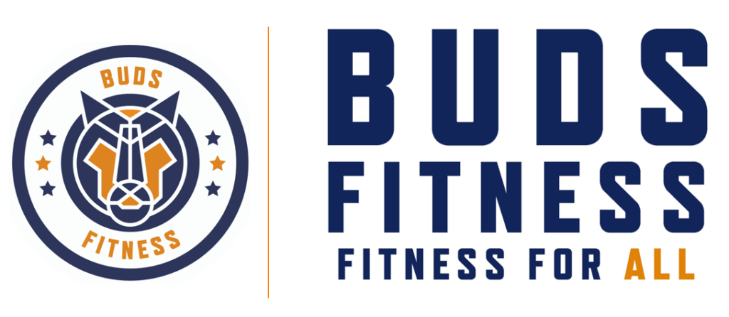 Buds Fitness - Blue & Orange logo and name. Slogan Fitness For All