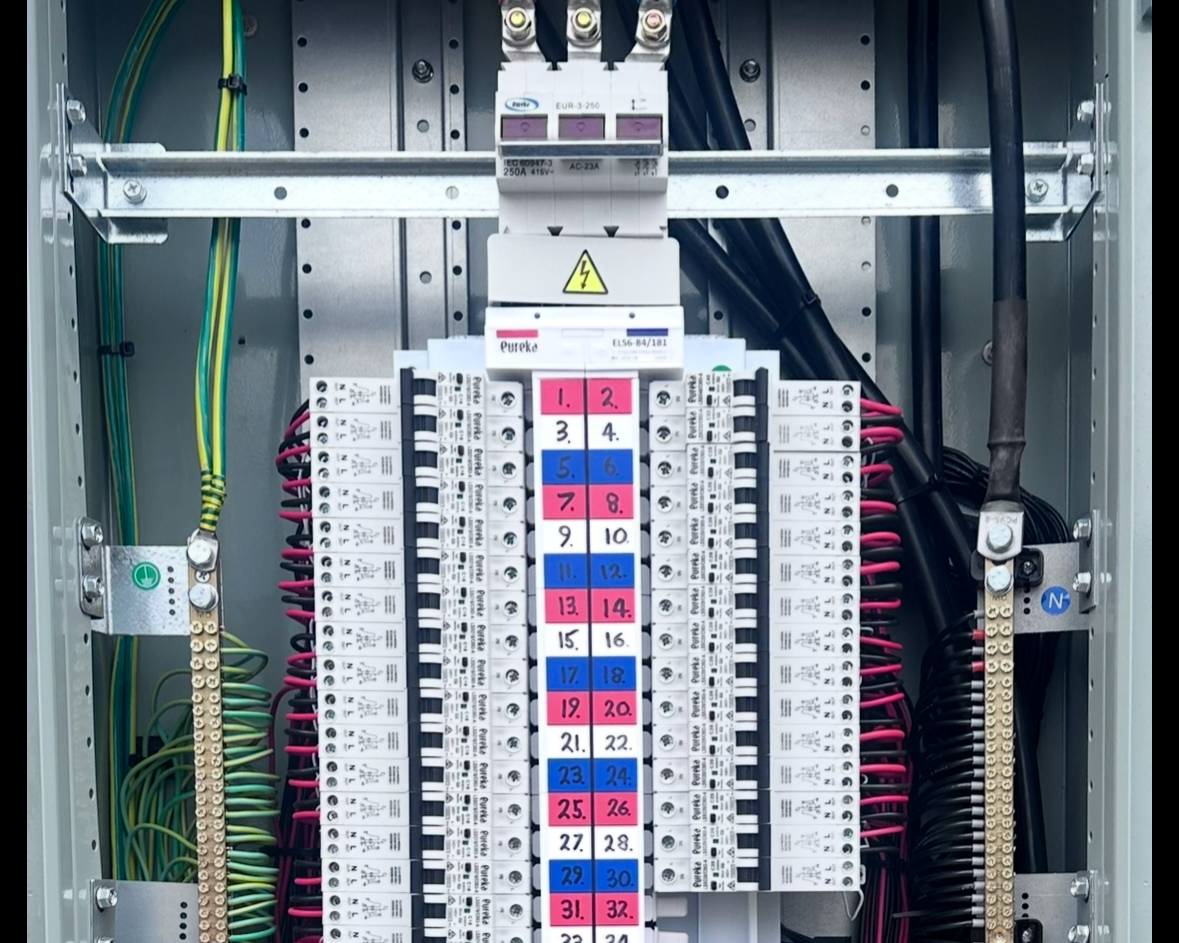 Electrical control panel with numbered relay sockets and wiring.