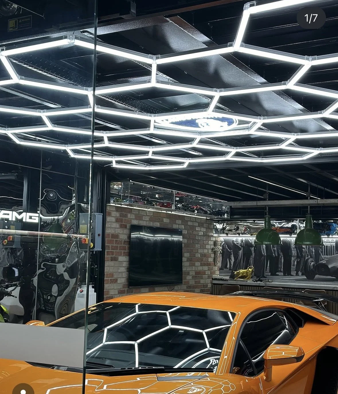modern ceiling light design resembling a honeycomb pattern and luxury car