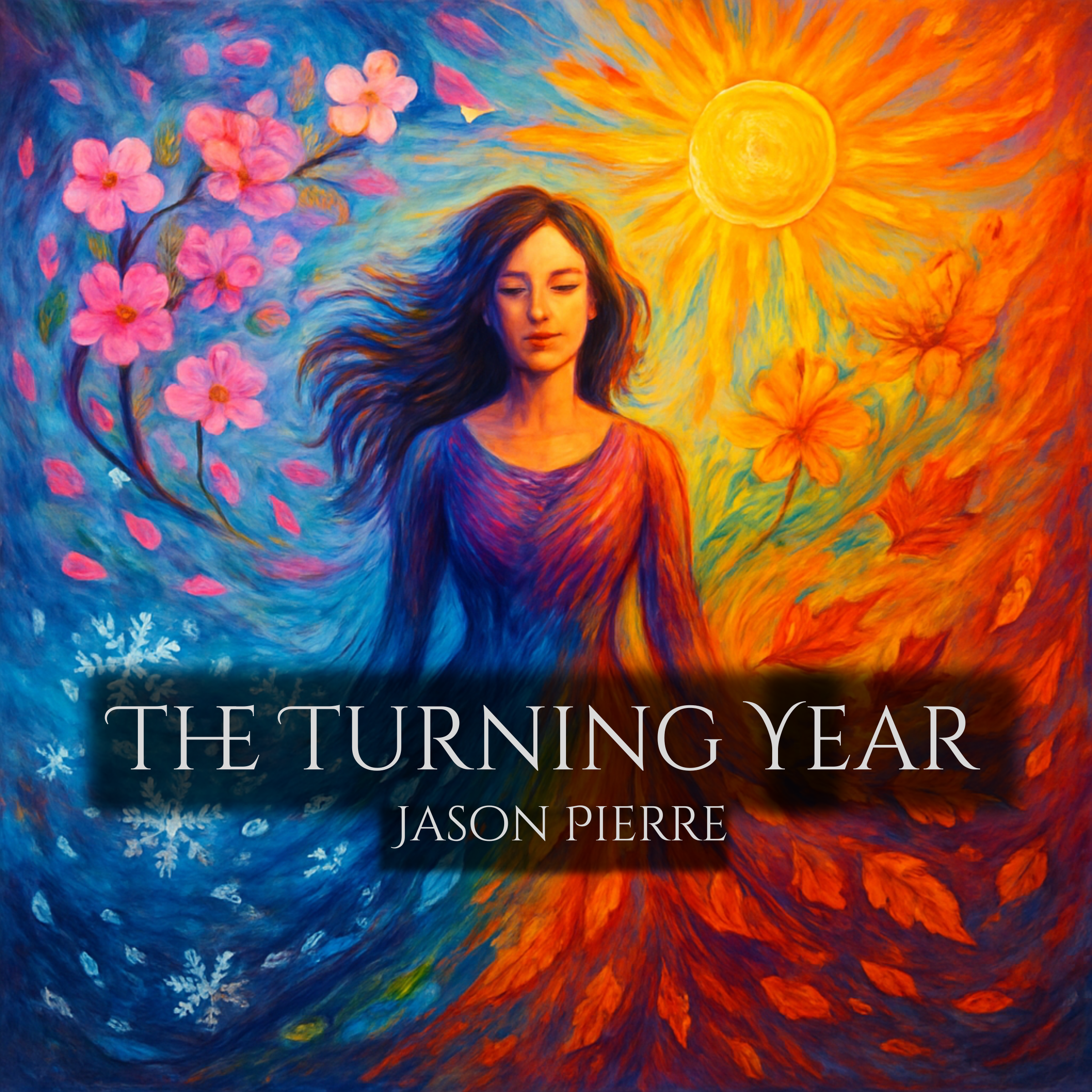 A colorful painting of a woman with flowing hair amid contrasting warm and cool colors, with blooming flowers and seasonal symbols representing the four seasons, and text reading 'The Turning Year' by Jason Pierre.