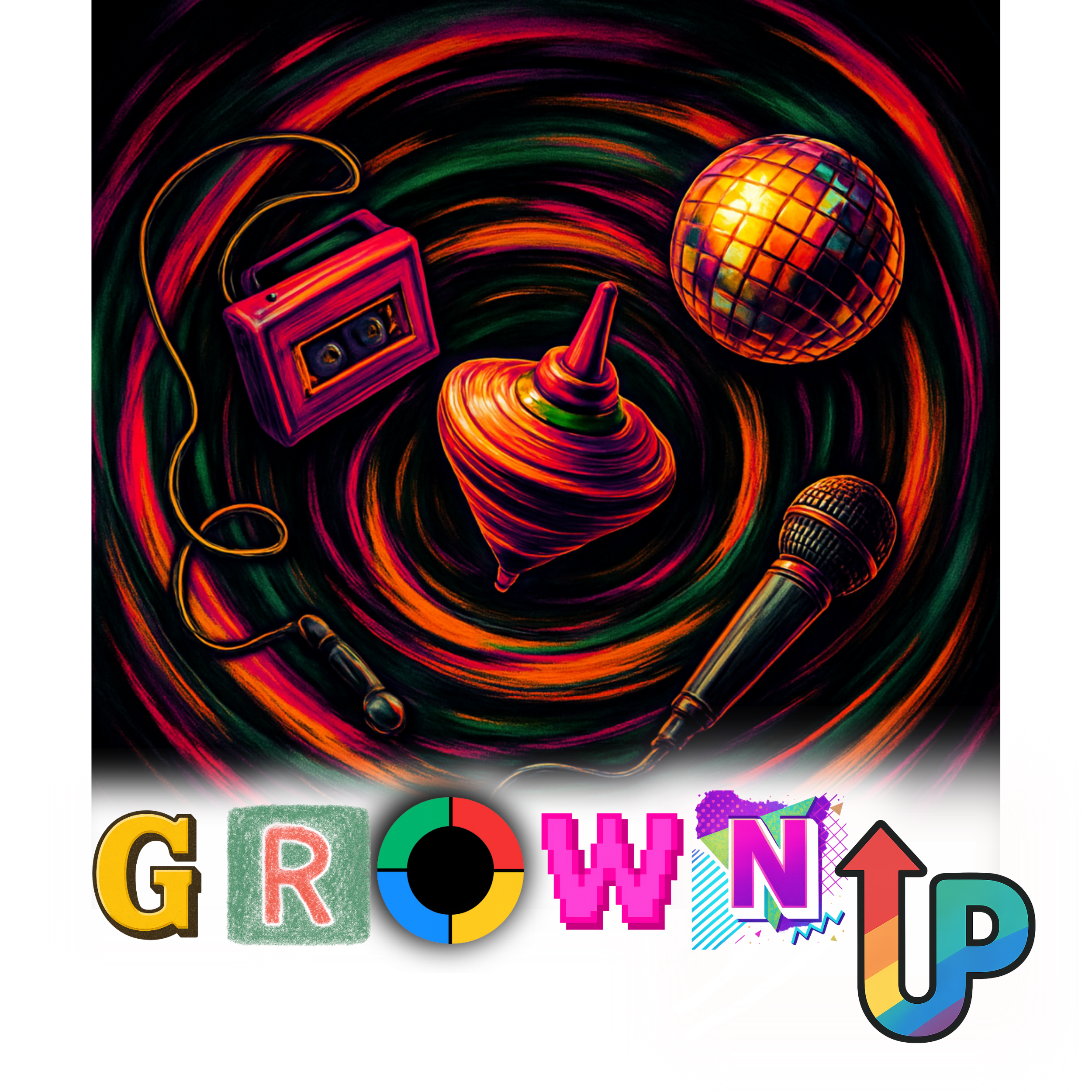 Colorful illustration of a spinning top, disco ball, microphone, cassette player, and a small ball surrounded by swirling colorful lines, with the words "GROW UP" in bold, colorful letters at the bottom.