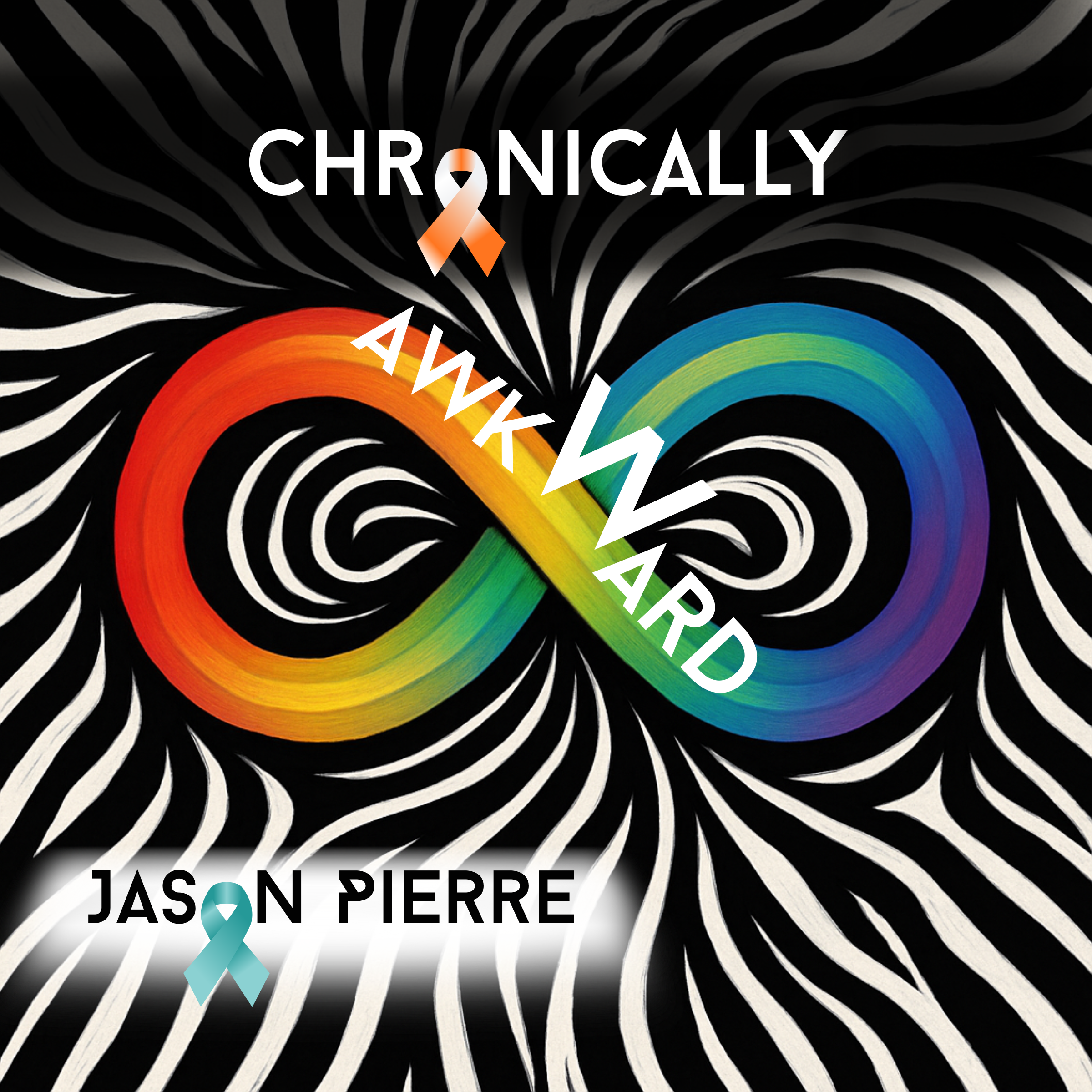 An artistic design featuring black and white swirling zebra pattern background with an infinity symbol in rainbow gradient, and text related to awareness of chronic illness and suicide prevention, including orange and teal ribbons.