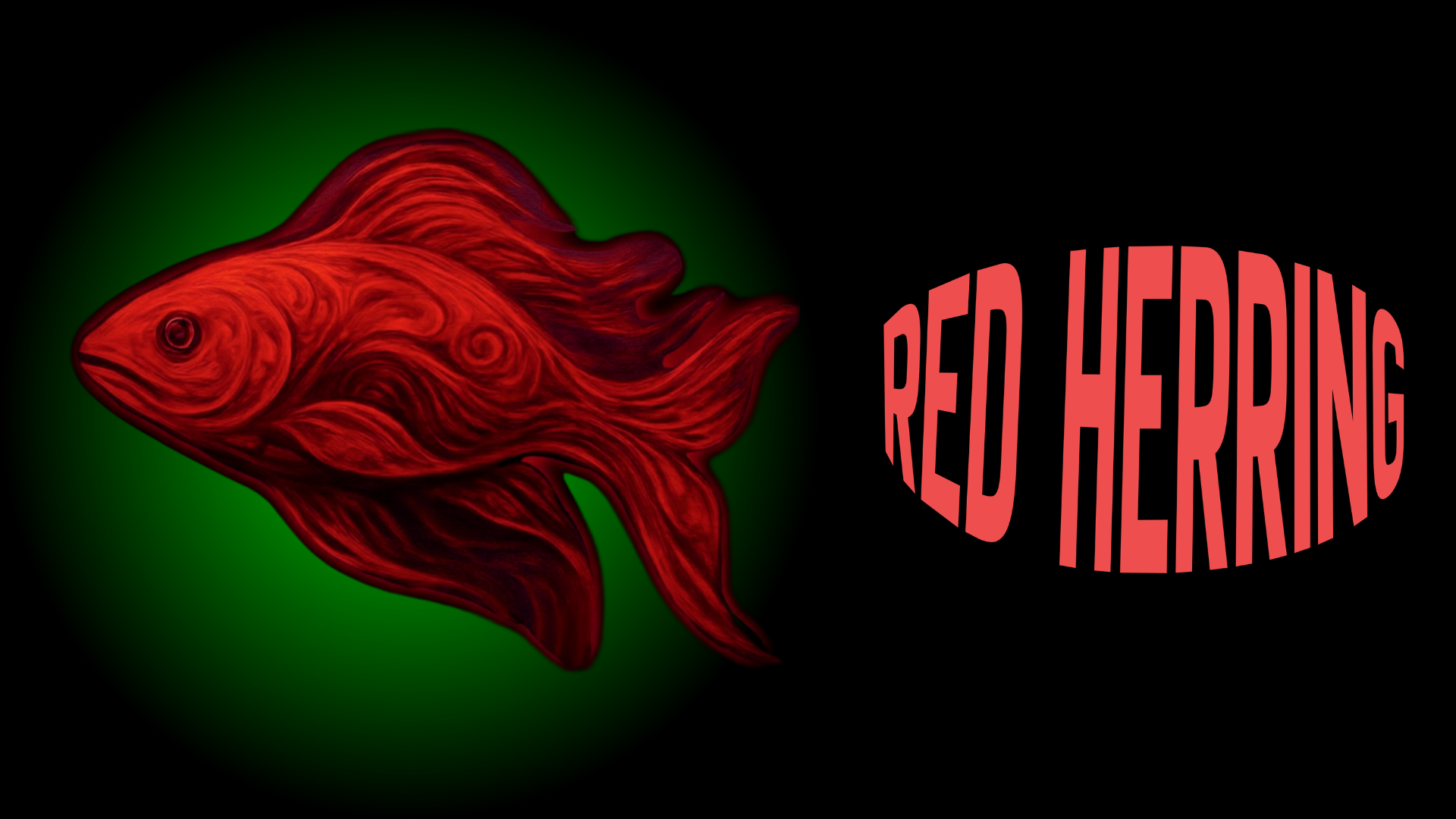 A stylized red fish with swirling patterns, glowing green background, and the words 'RED HERRING' in bold red text on a black background.