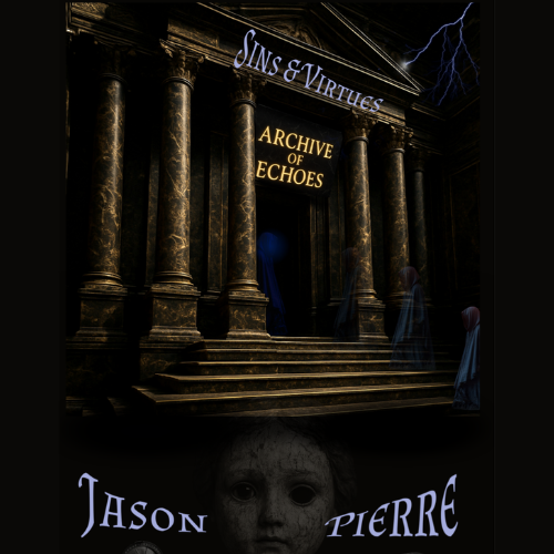 Dark historical building with large stone columns, illuminated title signs saying 'Sins & Virtues' and 'Archive of Echoes', and a shadowy figure in the doorway. There are lightning streaks in the night sky and ghostly figures in front of the building, with a sinister face at the bottom.