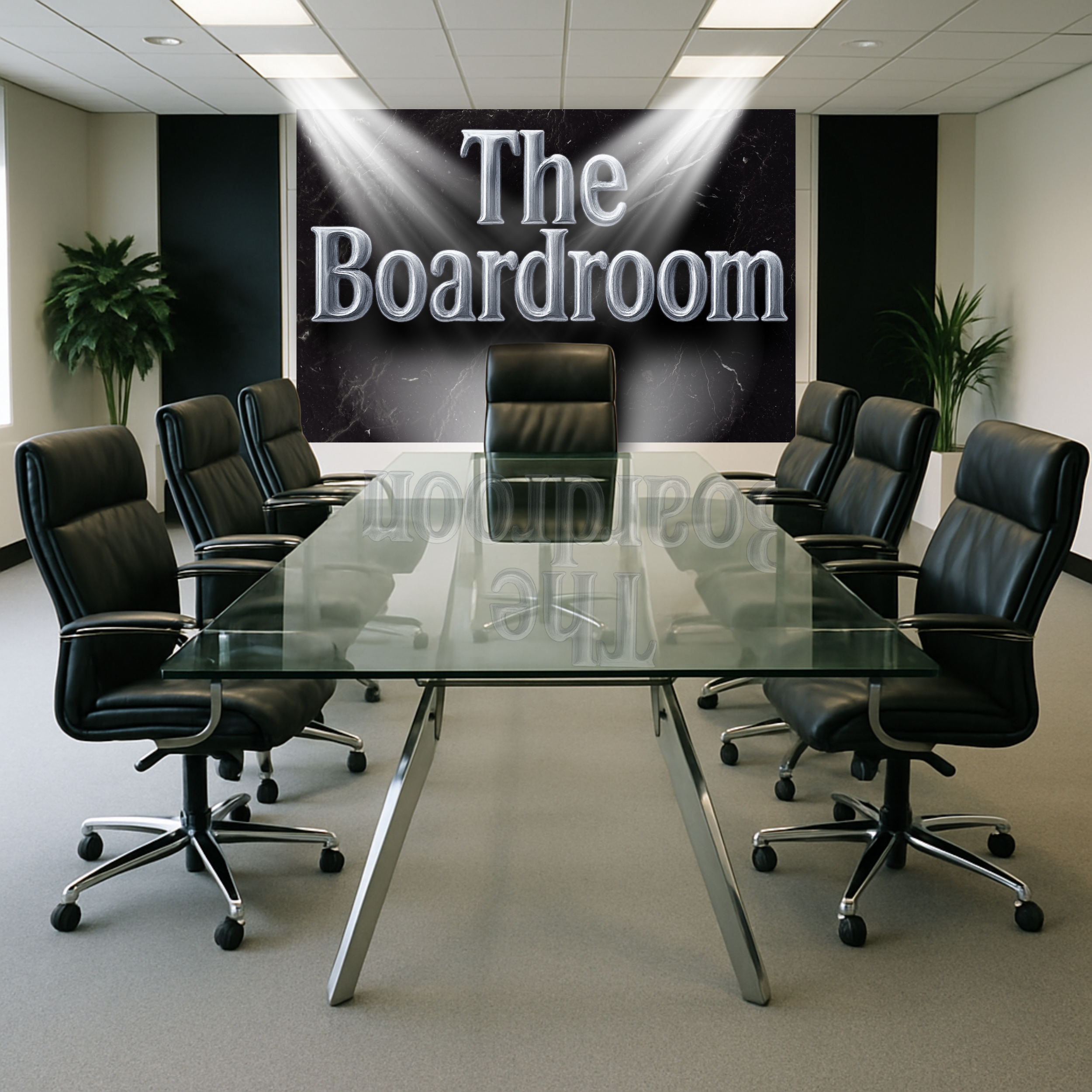 Conference room with a glass table, black leather chairs, and a sign that reads 'The Boardroom' on the back wall.
