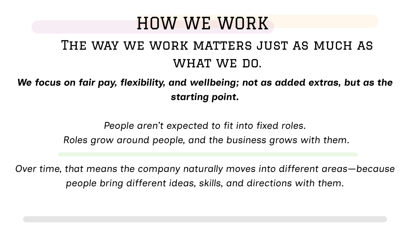 A slide titled "How We Work" with a purple, orange, and green progress bar.