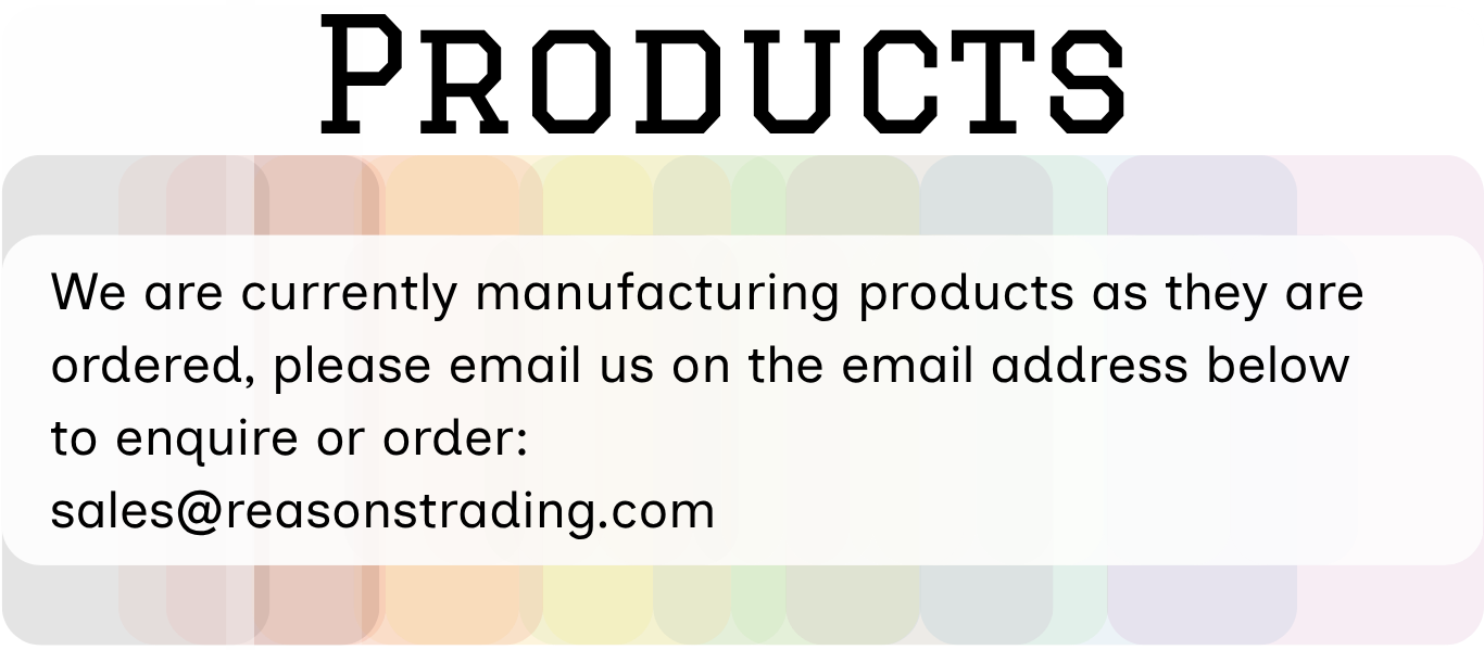 Information about manufacturing products and contacting via email for orders, with a colorful, pastel background design.
