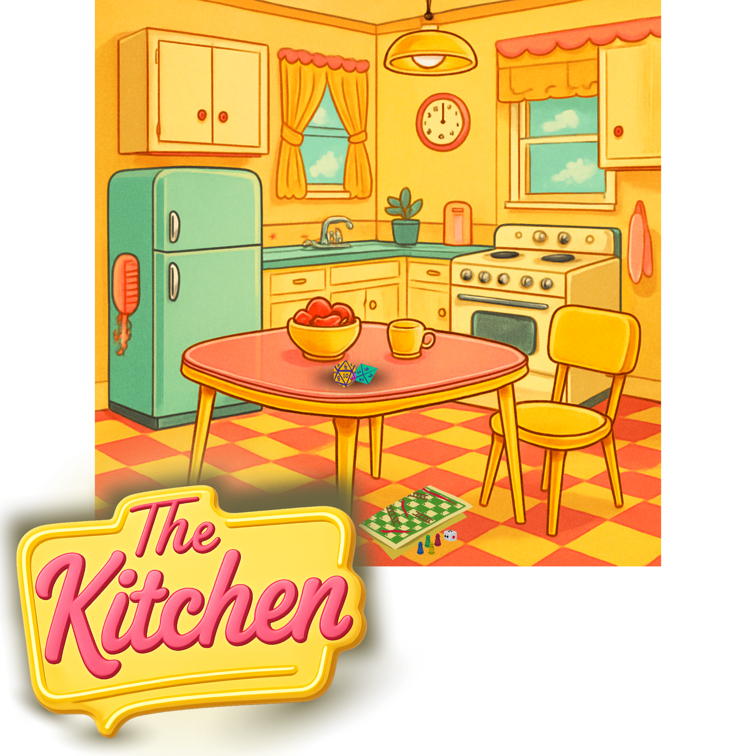 Colorful cartoon kitchen with yellow cabinets, a green refrigerator, a round pink table, and a yellow chair. There are windows with curtains, a clock on the wall, and a bowl of apples on the table. A board game and dice are on the floor.