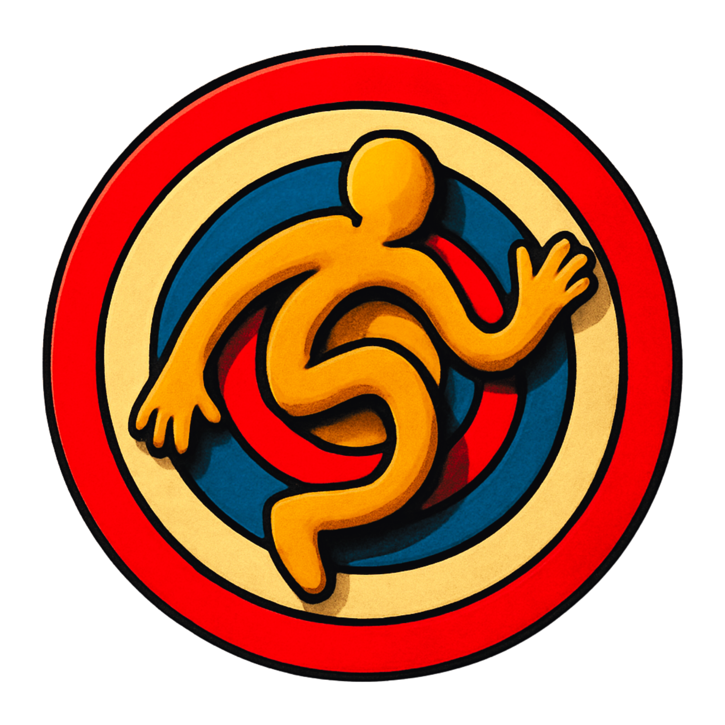Colorful circular logo featuring a stylized human figure running in a dynamic pose, with a red, beige, and dark blue background.