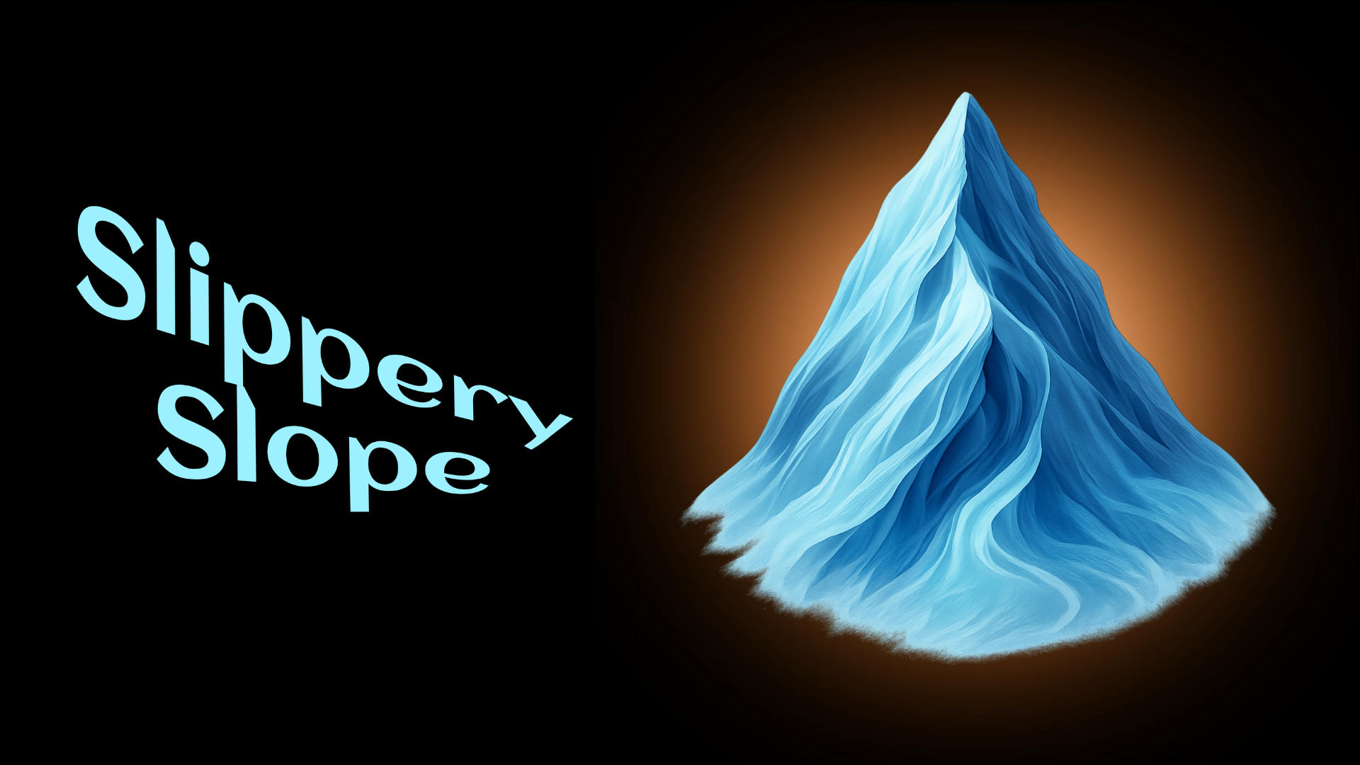 An illustration of an icy mountain with blue and white shades, labeled with the words "slippery slope" in tilted, light blue text on a black background.