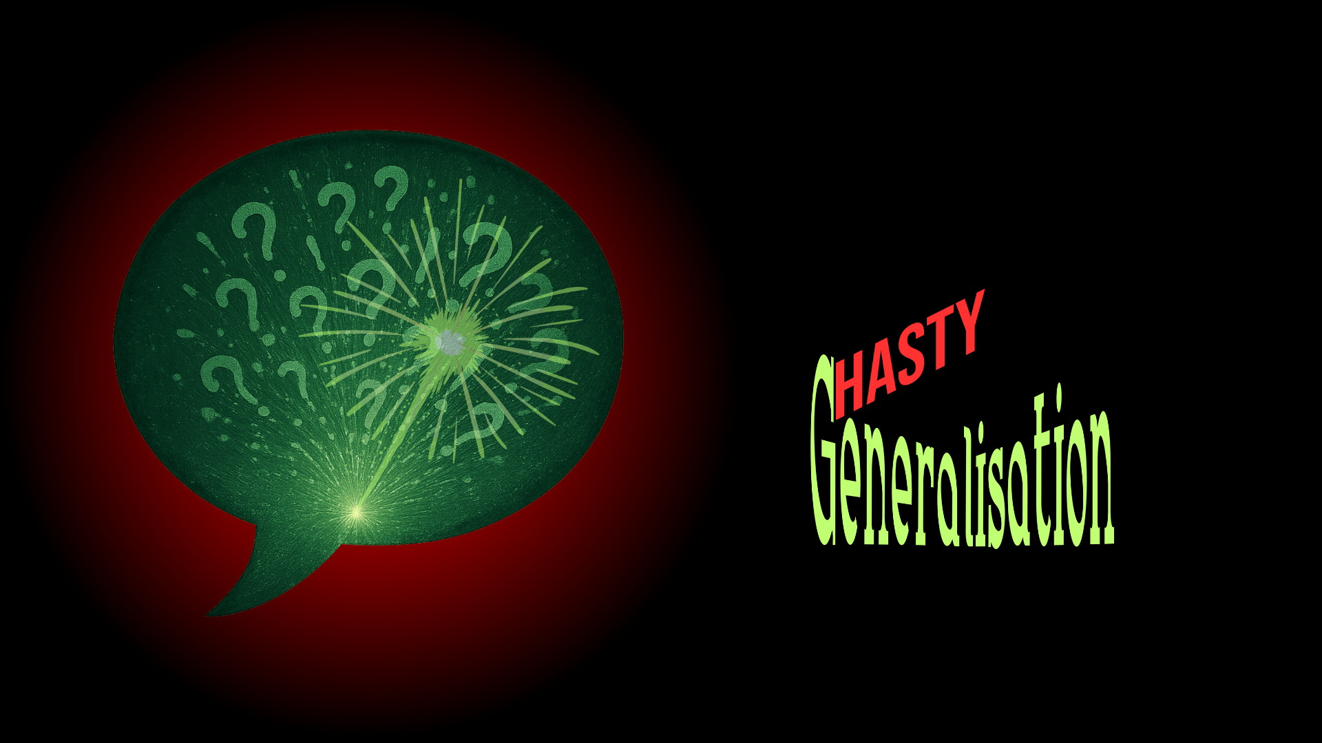 A green speech bubble with question marks and fireworks inside, next to the words 'HASTY Generation' in stylized red and green text on a black background.