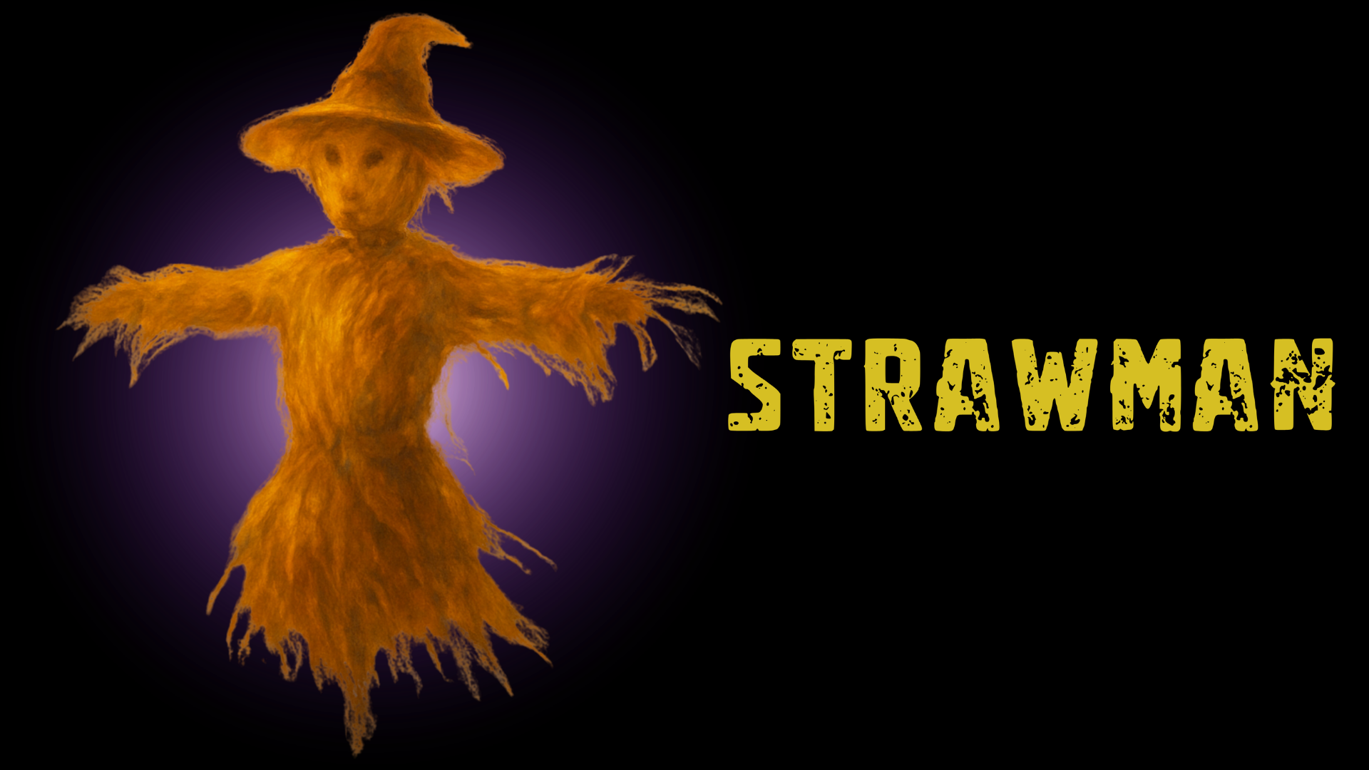 A digital illustration of a scarecrow-like figure made of straw with a witch's hat, set against a dark background with a purple glow. The word "STRAWMAN" is written in large, yellow, distressed letters to the right.