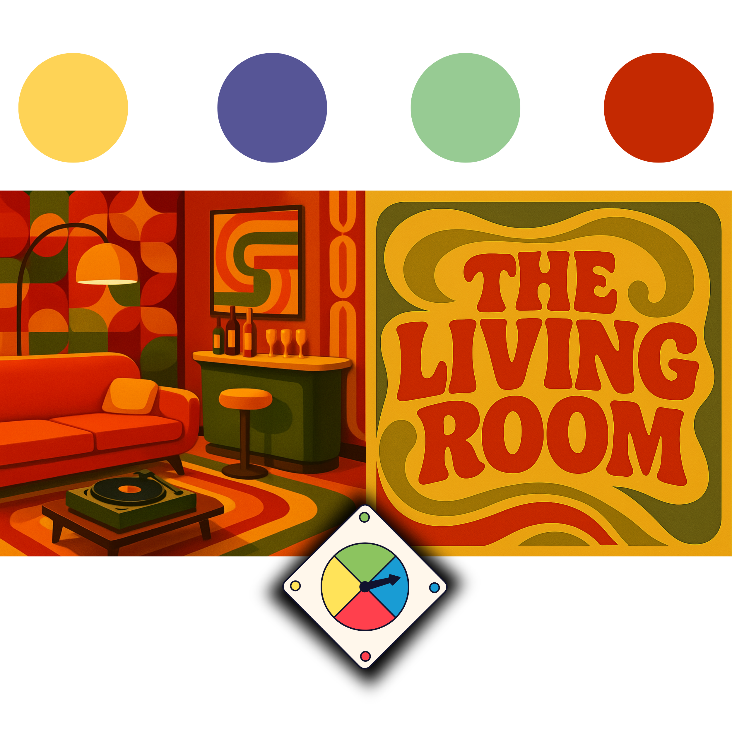 Colorful poster of a living room with retro style decor, including an orange sofa, a coffee table with a record player, and a bar area with bottles and glasses. The wall displays a large sign reading 'The Living Room' in bold, orange letters.
