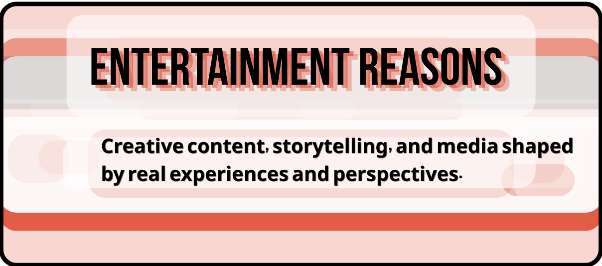 A digital slide titled 'ENTERTAINMENT REASONS' with the subtitle 'Creative content, storytelling, and media shaped by real experiences and perspectives'.