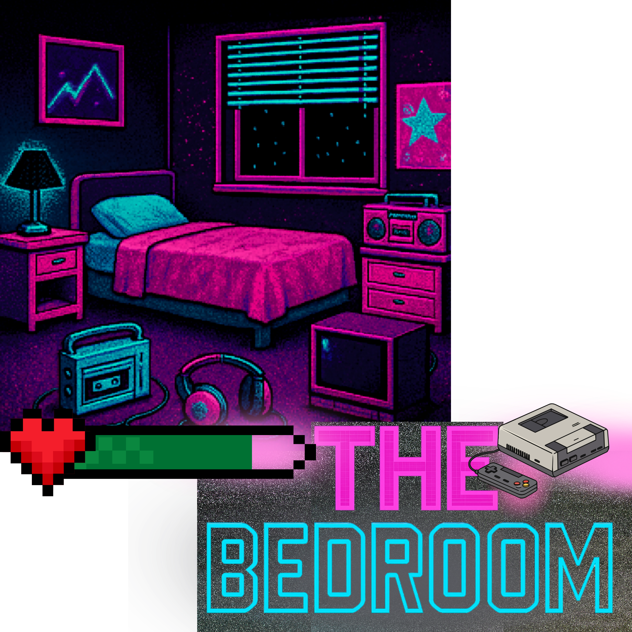 A bedroom depicted in neon colors, featuring a bed with pink bedding, a nightstand with a lamp, a window with blinds, a stereo, a television, headphones, a portable cassette player, and a neon sign that says "The Bedroom". The scene has a retro, 80s-inspired aesthetic with glowing outlines and pixel art elements.