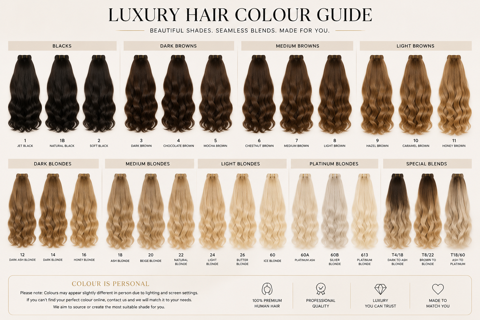 A chart titled "Luxury Hair Colour Guide" displaying various hair color shades for women, organized into categories such as blacks, dark browns, medium browns, light browns, dark blondes, medium blondes, light blondes, platinum blondes, and special blends, with individual color samples and their corresponding numbers.