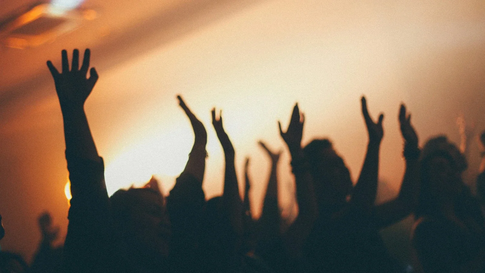 Silhouettes of people raising their hands during a concert or event with warm lighting in the background.