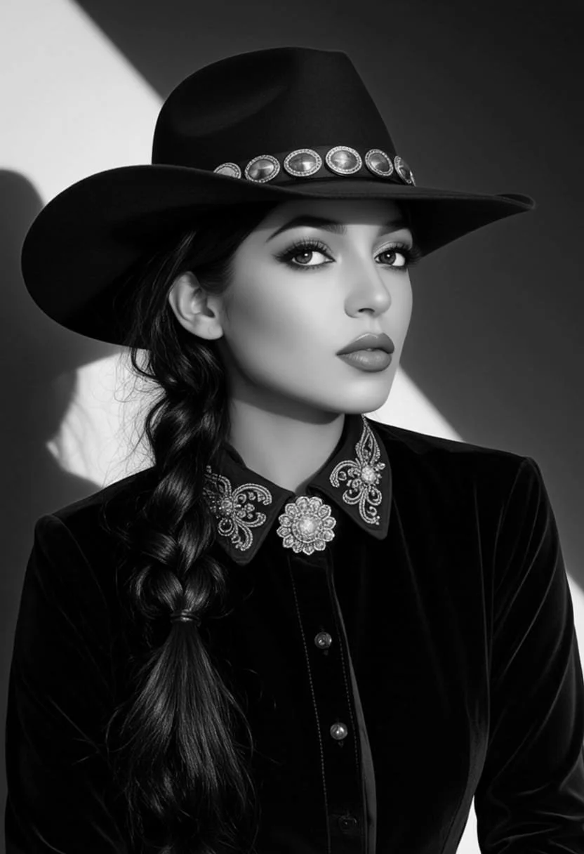 A black-and-white portrait of a woman wearing a wide-brimmed stetson hat with decorative jewelry and a velvet shirt with embroidered collar.