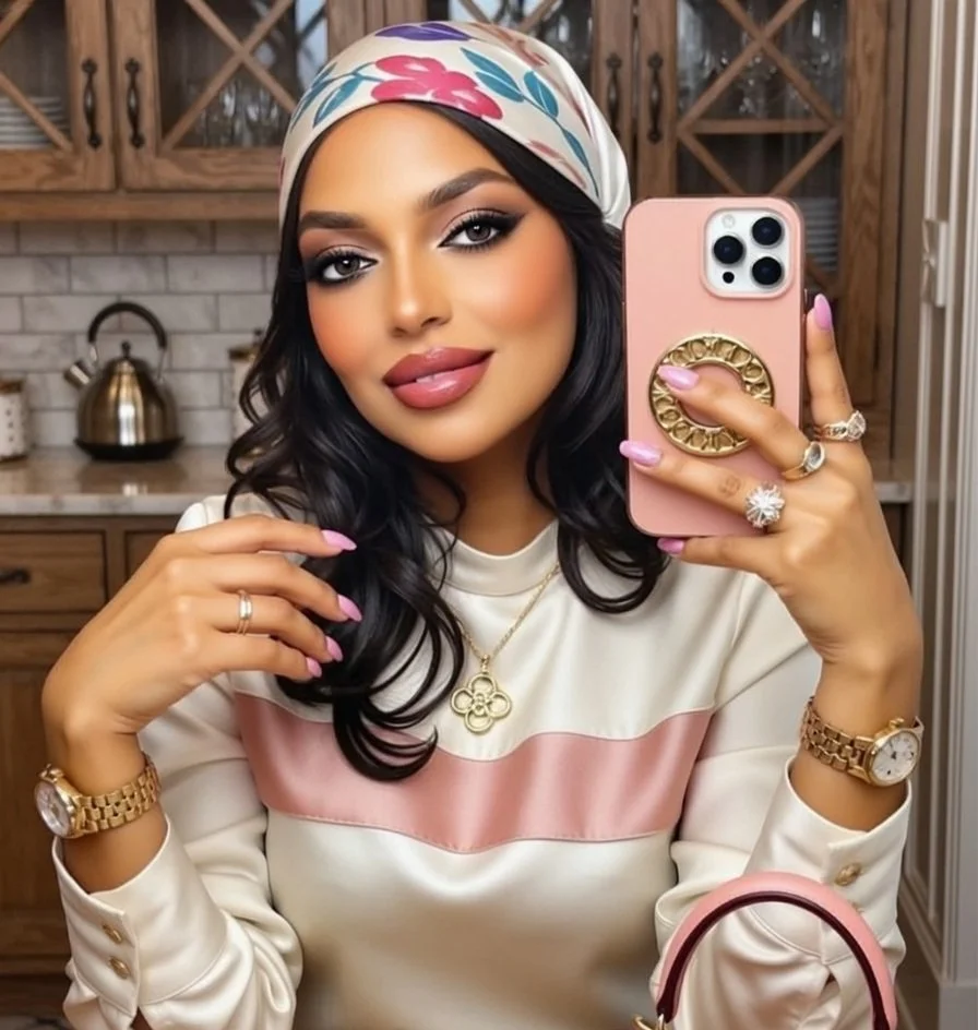 A woman taking a selfie in a kitchen, wearing a floral headscarf, jewelry, and a cream and pink blouse, with dark curly hair.