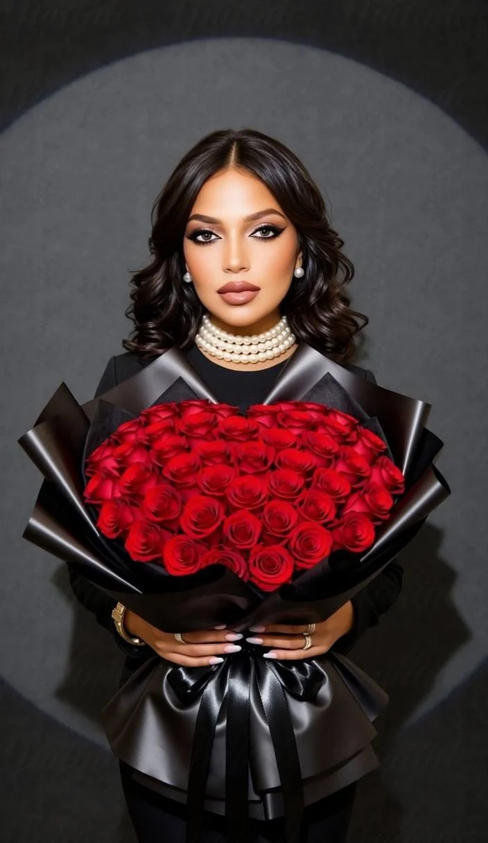A woman with dark wavy hair, wearing pearl earrings, a pearl necklace, and a black outfit, holds a large bouquet of red roses wrapped in black paper, standing in front of a gray circular background.