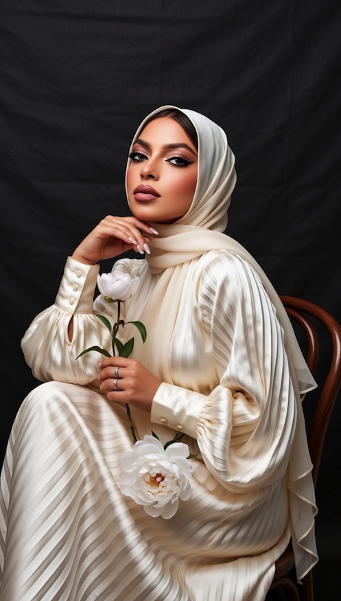 Portrait of a woman wearing a cream-colored hijab and dress, holding white flowers, sitting on a chair against a black background.