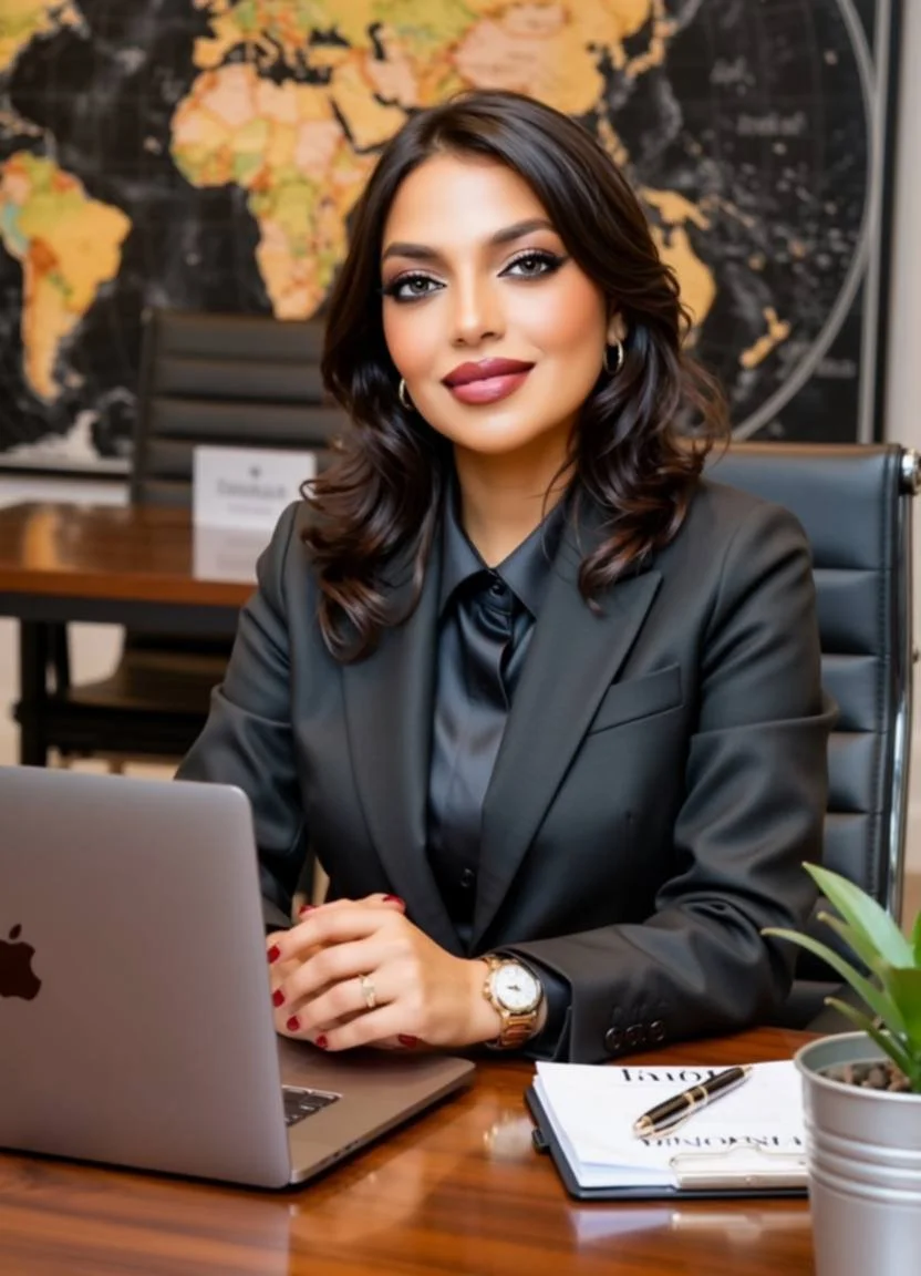 A professional woman with dark wavy hair and a dark blazer sitting at a desk with a laptop, a notebook, pen, watch, and plant, in front of a world map.