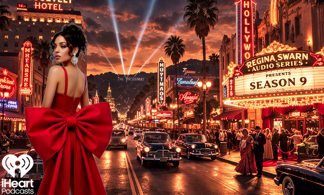 A woman in a glamorous red dress with a large bow on the back stands on a lively Hollywood street at dusk, with neon signs, vintage cars, and people dressed in formal attire.