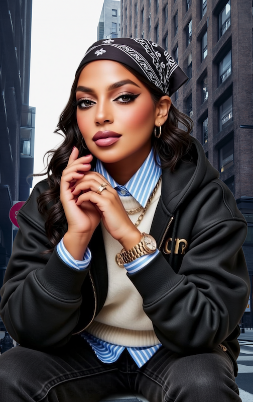 Young woman sitting outdoors in an urban setting, wearing a black bandana, gold jewelry, a black jacket, and a blue and white striped shirt.