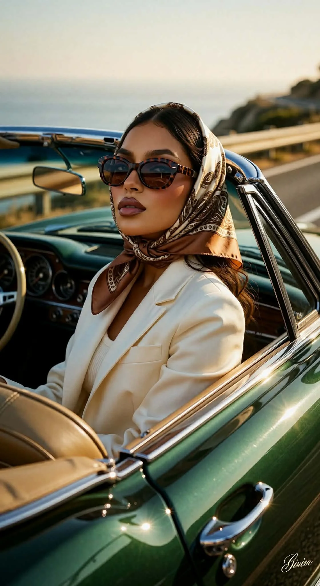A woman with dark hair, wearing sunglasses and a patterned headscarf, sitting in a vintage convertible car with the top down. She is outdoors near a coastline during sunset.