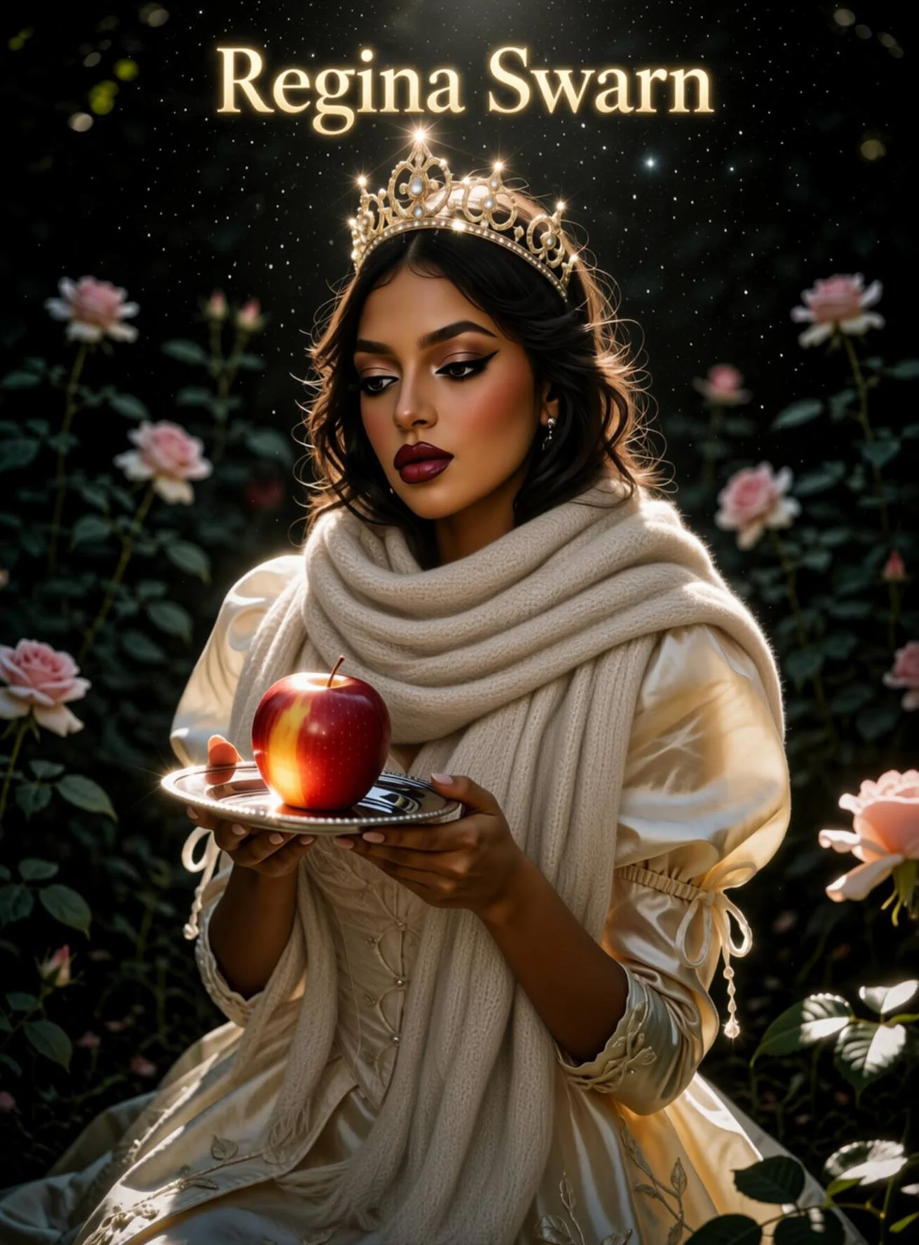 A woman with dark hair, wearing a crown and a beige shawl, holds a silver tray with a red apple. She is surrounded by pink roses in a garden at night, with stars in the sky and the words 'Regina Swarn' at the top.