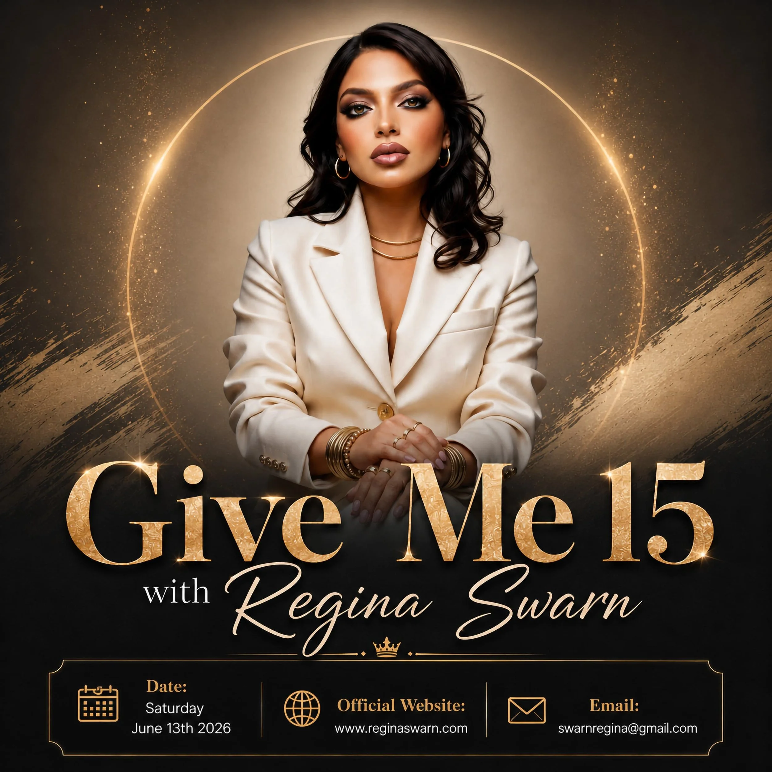 Wedding invitation with a gold and black color scheme, featuring a portrait of Regina Swarn at the top, with details about the event including date, website, and email, and decorative icons for calendar, globe, and envelope.