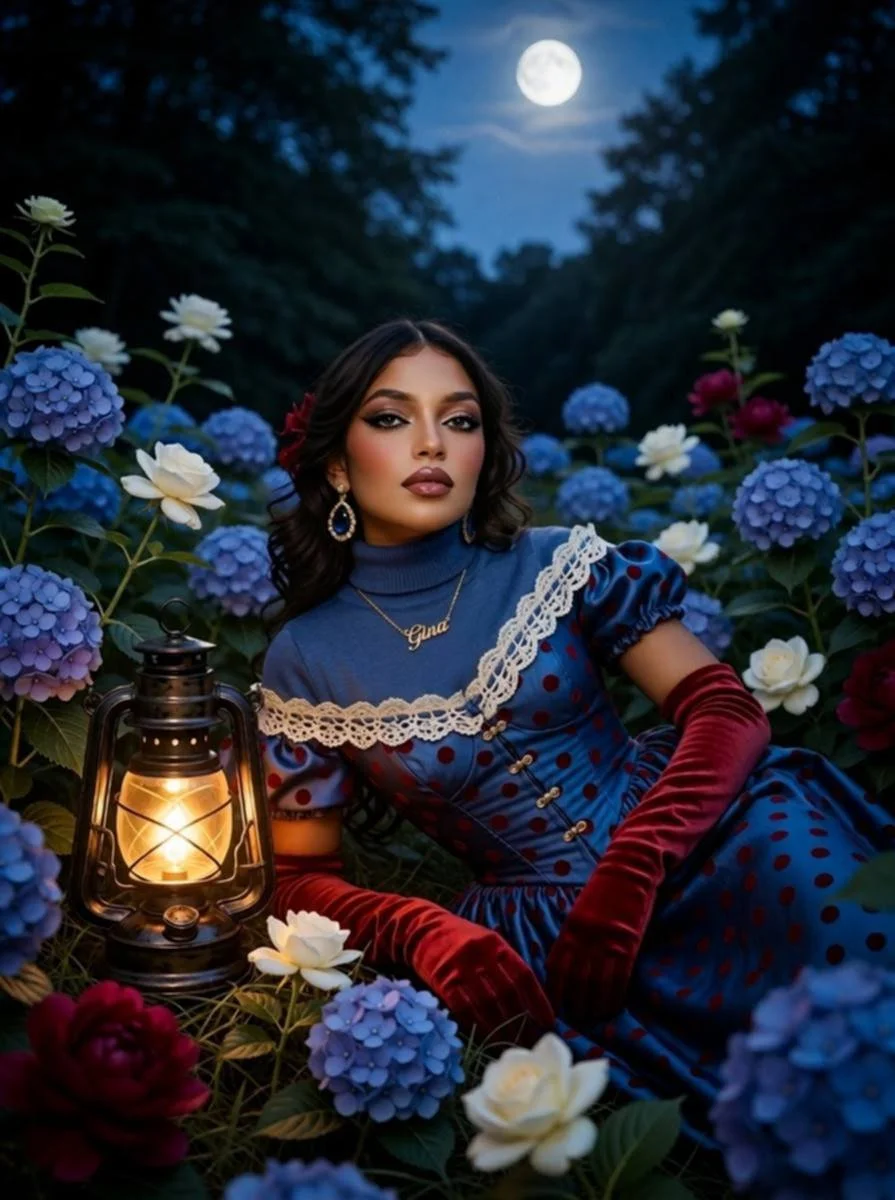 A woman dressed in a vintage blue polka dot dress with lace and red gloves, sitting among hydrangea flowers at night. There is a lantern casting warm light and the full moon visible in the sky above.