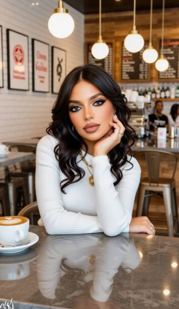 A woman with dark hair and makeup sitting at a table in a coffee shop, with a cup of coffee in front of her and a menu board behind.