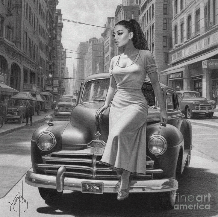 Pencil drawing of Regina Swarn sat on a 1950's automobil bonnet