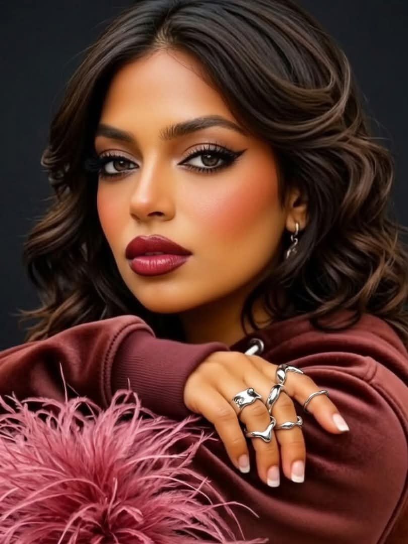 A young woman with wavy brown hair, lipstick, and eye makeup, wearing silver rings and earrings, dressed in a maroon hoodie with fur, looking at the camera with her arm resting on her shoulder.